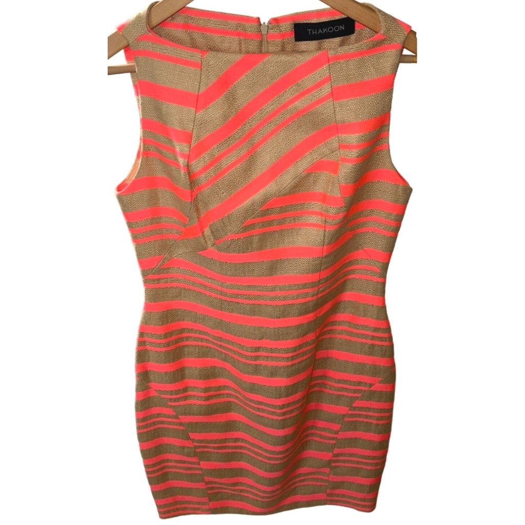 Thakoon Neon Pink Stripped And Gold Knee Length Dress